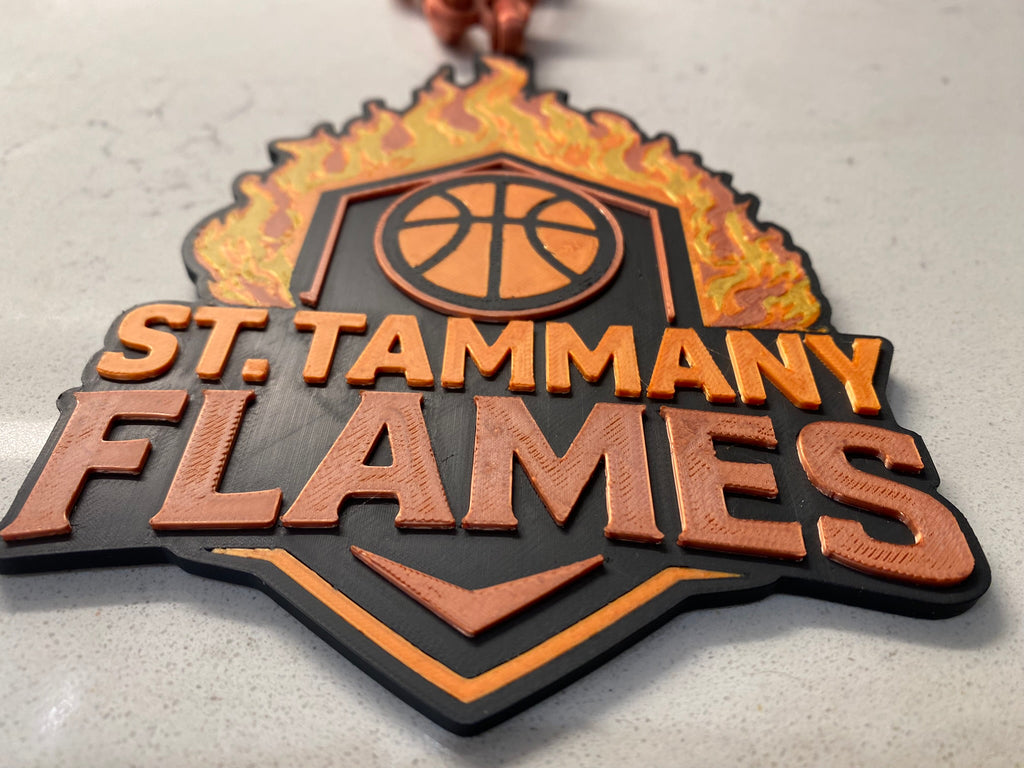 St. Tammany Flames logo with a basketball designed HOT hustle chain.